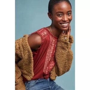 Feather Bone Anthropologie Shirt Red Sleeveless Tank Embellished Embroidered L